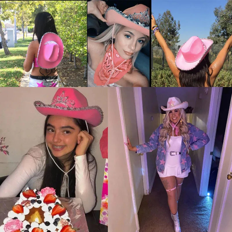 Pink Fluffy Glitter Cowgirl Hat Set - FestiVibe