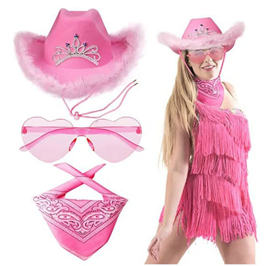 Pink Fluffy Glitter Cowgirl Hat Set - FestiVibe